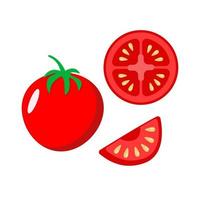 Set of red ripe tomatoes whole and tomato slices with seeds in the cut. Vector illustration of fresh vegetables on a white background isolated