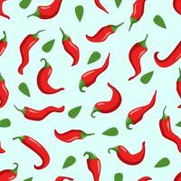 Seamless pattern of red hot chili peppers and green leaves. Vector illustration