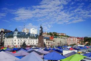 Vladivostok, Russia-September 14, 2019-Town square with fairground tents. photo