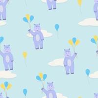 Seamless pattern of a hippopotamus with balloons flying through the sky with clouds. Vector illustration of the cartoon character hippo, used for wallpaper, textiles and printing