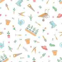 Seamless pattern Garden tools and plants, a set of vector doodle illustrations. Concept gardening, a summer hobby