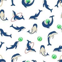 Seamless Pattern dolphins in different poses, vector illustration of marine animals. Painted dolphins swim and players in dolphinarium