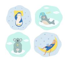 Set of funny cartoon animals sleeping and dreaming. A penguin sleeps on a pillow, seal in a nightcap, monkey sleeps on the moon, koala with a magic wand. Children characters good night concept vector