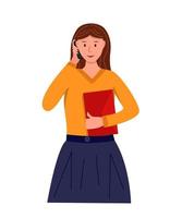 A business girl is talking on the phone and holding a folder with documents in her hands. Vector illustration of an office worker