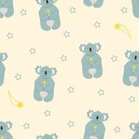 Seamless pattern Cute cartoon character koala on a cloud with a magic wand dreams. Vector illustration