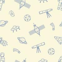 Cosmos doodle is a set of vector illustrations. Seamless pattern icons of space elements rocket cosmonaut stars satellite telescope comet