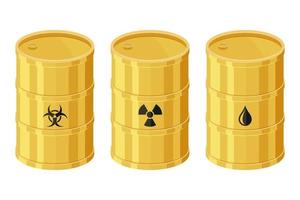 vectores de barriles amarillos que contienen aceite, residuos de riesgo biológico, residuos radiactivos vectoriales, fondo blanco aislado