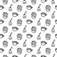 Vector hand drawn seamless pattern with different sweet icons isolated on white background. Doodle jam, jar of honey, cup, mug wrap in line art style for a cafe decor. Adult and kids coloring page