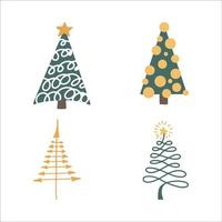 Vector set of doodle christmas trees. Hand drawing winter background with fir tree, Christmas ornaments, stars and snowflakes. Happy new year holiday poster with Christmas symbols. Isolated on white.