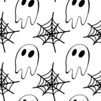 Vector halloween ghost, cobweb seamless pattern isolated on white background. Cute illustration for seasonal design, textile, decoration kids playroom or greeting card. Hand drawn prints and doodle.