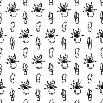 Abstract flower seamless pattern with leaves and dots. Doodle cute black and white background. Summer monochrome simple print. Hand drawn flowers in pots. Black and white wallpaper, cactus, tulpin