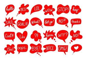 Hand draw bubble talk phrases set. Online chat clouds with different words comments information shapes. Vector bubble talk doodle forms isolated on white background. Speech bubbles with short phrases