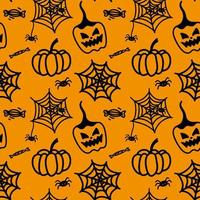 Vector halloween seamless pattern with pumpkin, sweets, spider web and spider. Cute illustration for seasonal design, textile, decoration kids playroom or greeting card. Hand drawn prints and doodle.