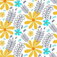 vector dibujado a mano verano patrón transparente floral aislado sobre fondo blanco. garabatear hojas y flores. dibujos animados de fondo tropical para el diseño de bodas, envolturas, textiles, adornos y tarjetas de felicitación