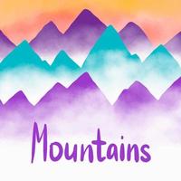 Vector hand drawn watercolor mountains in foggy. Beautiful dark blue mountain landscape with fog. Red and orange sunrise and sunset in mountains. Cold winter and autumn morning high in mountains