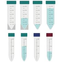 Set of centrifuge conical test tubes with graduation and green, blue and red cap in vector