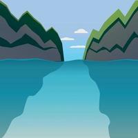 paisaje con montañas, lago, cielo y nubes en vector