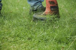 toma de primer plano de un trabajador masculino en el jardín de mantenimiento de jeans usando una cortadora de césped eléctrica para recortar la hierba verde en el patio del césped, esparciendo la hierba en verano, servicio de trabajo de jardinería al aire libre. foto