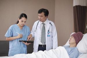 Professional doctors team in uniform health check Asian recovery male patient by stethoscope, medicine treatment at inpatient room bed in hospital ward, medical clinic, cancer examination consult. photo