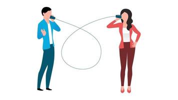 Man and woman talking on childhood paper cup phone, Woman pointing to analysis board or task list board, flat business character vector illustration on white background.