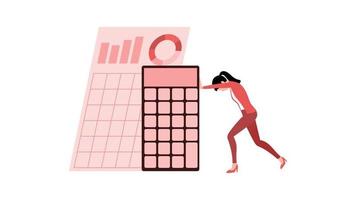 mujer con tabla de análisis y calculadora, ilustración de vector de carácter empresarial sobre fondo blanco.