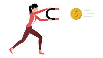 Woman catching coin with help of a giant magnet, flat business character vector illustration on white background.