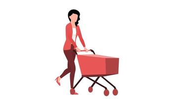 mujer con carrito de compras vacío, ilustración de vector de carácter empresarial sobre fondo blanco.