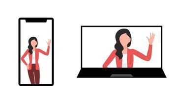 woman waving hand from phone and laptop, business character vector illustration on white background.