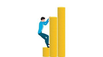 hombre escalando en la pila de monedas, ilustración de vector de carácter de negocio plano sobre fondo blanco.