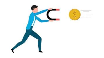 man catching coin with help of a giant magnet, flat business character vector illustration on white background.