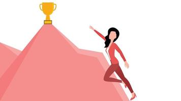 businesswoman struggling to get  a trophy, business character vector illustration on white background.