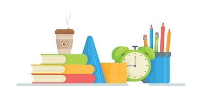 Vector illustration of school books, notebooks, pens, index cards and other things.