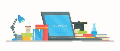 Doing your homework. Vector illustration of online learning. Computer lessons.  School, class, institute, exam.