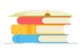 Vector illustration of a stack of books on a white background. Open book on red cover and stack.