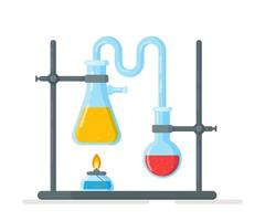 Vector illustration of tripod flasks. Experiment in chemistry class. Chemical synthesis.