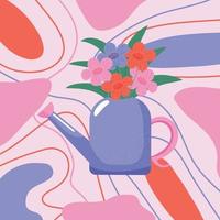 Purple Watering Can with Flower Bouquet on Colorful Abstract Background, Vector