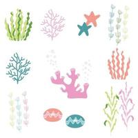 plantas marinas submarinas, conchas y corales, ilustración plana, vector premium