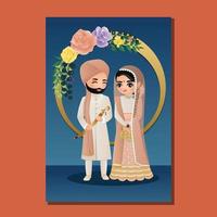 Wedding invitation card the bride and groom cute couple in traditional indian dress cartoon character vector