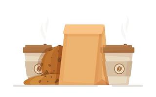 Vector illustration of coffee lunch. Concept of aromatic coffee, fresh pastries, cookies.