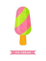 Strawberry pistachio melting ice on a stick. Vector illustration of a fruit ice cream isolated on a white background.