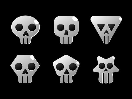 illustration of 3d white skull set with different shape isolated on black icon design