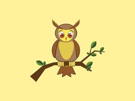 cute brown owl with big eye on the branch flat illustration vector