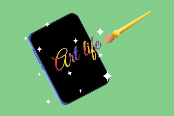 Illustration of 3d phone tablet with traditional yellow brush
