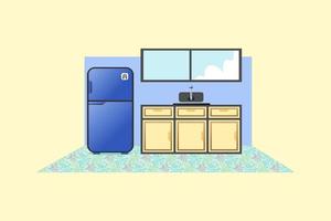 ilustración del interior de la cocina con refrigerador, fregadero, ventana, estufa y gabinete vector