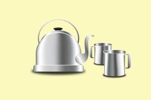 Ilustración 3d de tetera plateada y tazas metálicas aisladas en amarillo vector