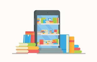 School phone with online books. Vector illustration of reading books. Online handing in a poem.
