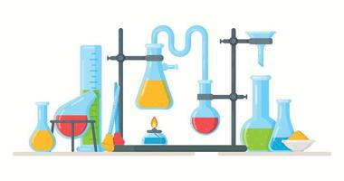 Chemistry class. Vector illustration of conducting an experiment. Liquid in test tubes and flasks.