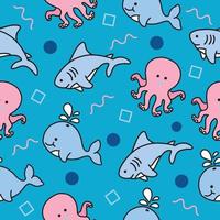 cute sea whale octopus and shark animal seamless pattern wallpaper with design light sea blue. vector