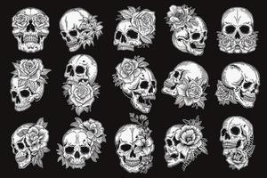 Set Mega Collection Bundle of Hand drawn Skull With Rose Head Dark Art with Different Angel Hatching Outline Style illustration vector