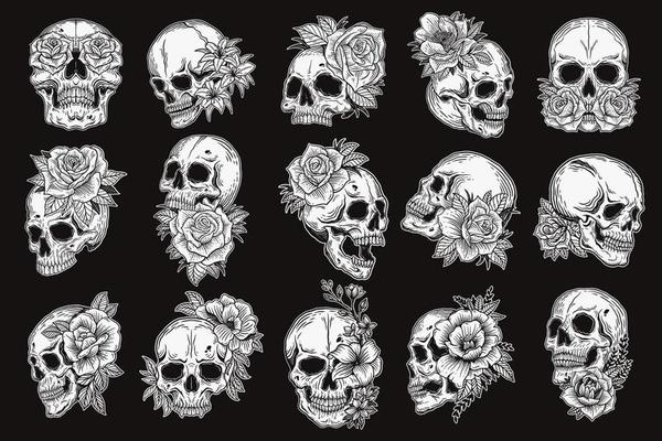 Set Mega Collection Bundle of Hand drawn Skull With Rose Head Dark Art with Different Angel Hatching Outline Style illustration